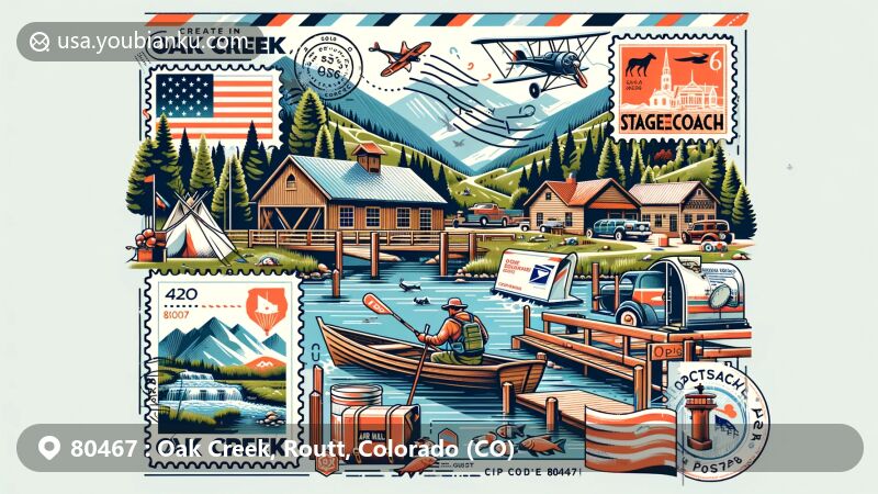 Modern illustration of Oak Creek, Colorado, showcasing scenic beauty with Oak Creek Canyon and Stagecoach State Park, camping, fishing, and rugged outdoors, blended with vintage air mail envelope, local landmark stamps, and ZIP code 80467 postmark.