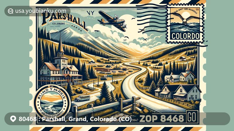Modern illustration of Parshall, Colorado, in Grand County, showcasing U.S. Highway 40, the Colorado River, Parshall Inn, and Williams Fork Reservoir in a postcard theme with postal elements like Bar Lazy J Guest Ranch stamp, 'Parshall, CO 80468' postmark, and Grand County outline.