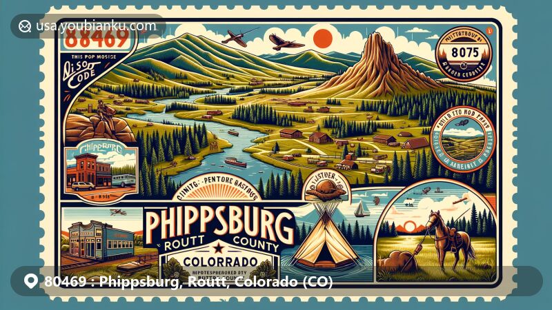 Modern illustration of Phippsburg, Routt County, Colorado, highlighting outdoor activities, mining and ranching history, and natural beauty, featuring Finger Rock, a vintage postcard design, camping, fishing, and hiking elements.