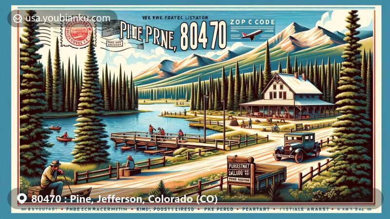 Modern illustration of Pine area, Colorado, showcasing postal theme with ZIP code 80470, featuring Pine Valley Ranch Park, Pike National Forest, and Bucksnort Saloon.