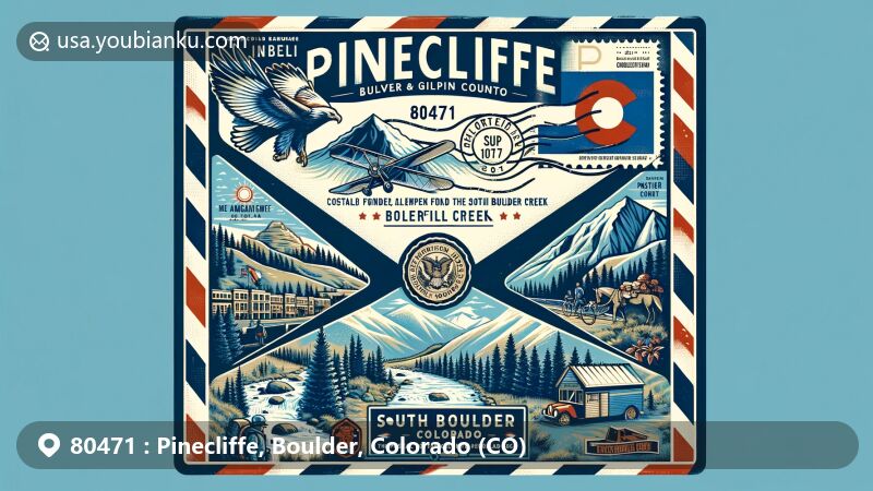 Modern illustration of Pinecliffe, Boulder and Gilpin Counties, Colorado, featuring postal theme with ZIP code 80471, highlighting South Boulder Creek, Roosevelt and Arapaho National Forests, and Rocky Mountains scenery.