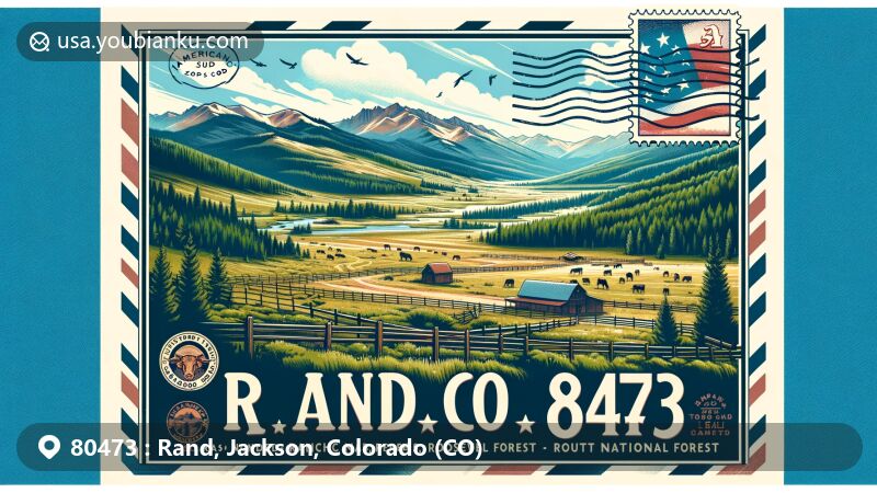 Modern illustration of Rand, Jackson County, Colorado, featuring postal theme with ZIP code 80473, showcasing Roosevelt National Forest, Routt National Forest, and a scenic ranch scene.