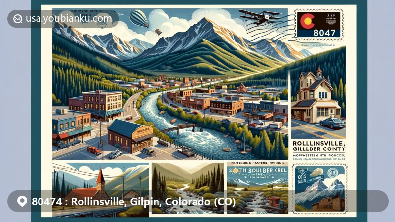 Vibrant illustration of Rollinsville, Gilpin County, Colorado, featuring ZIP Code 80474, showcasing mountainous landscape with South Boulder Creek, historic downtown area with brewery, and outdoor activities like hiking and snowshoeing.