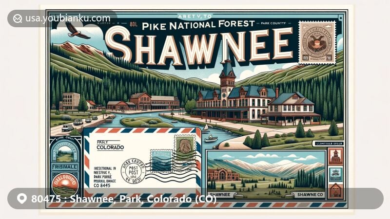 Modern illustration of Shawnee, Park County, Colorado, featuring Pike National Forest, airmail envelope with Shawnee Historic District, and symbolic postmark design. Includes iconic symbols of Colorado and Park County, showcasing postal heritage and natural beauty.