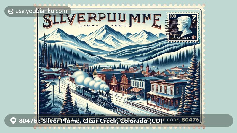 Modern illustration of Silver Plume, Colorado, with ZIP code 80476, showcasing mining history and Georgetown Loop Railroad in the Rocky Mountains.
