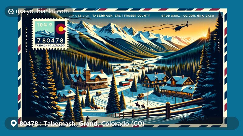 Modern illustration of Tabernash, Grand County, Colorado, portraying the town nestled in Rocky Mountains near Fraser River and Arapaho National Forest, showcasing activities like skiing and horseback riding, along with Devil's Thumb Ranch luxury features.