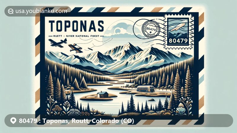 Modern illustration of Toponas, Routt County, Colorado, showcasing scenic beauty with Routt National Forest, White River National Forest, and Rocky Mountains, featuring Toponas Rock and local flora on a postcard backdrop with postal elements and ZIP code 80479.