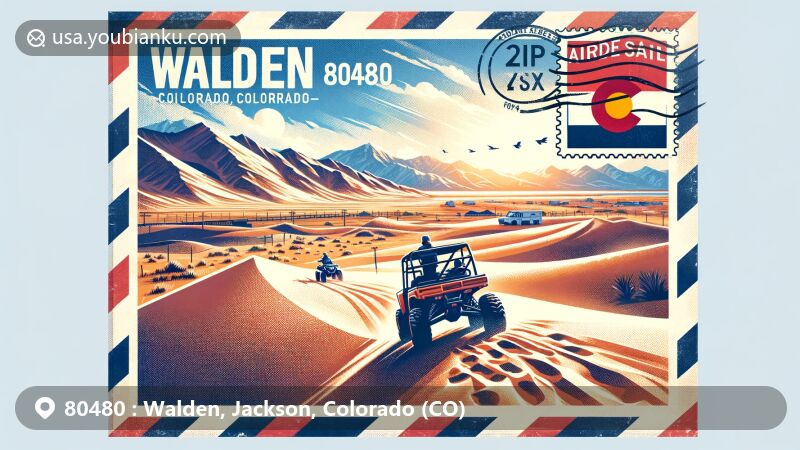 Modern illustration of Walden, Colorado, showcasing North Sand Hills and ATV, 4WD activities amidst sand dunes, with Rocky Mountains in the background, integrated on an airmail envelope with Colorado state flag stamp, ZIP Code 80480, and Walden postmark.