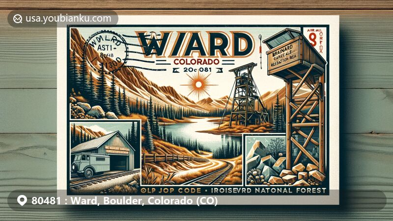 Modern illustration of Ward, Colorado, in Boulder County, featuring postal theme with ZIP code 80481, highlighting gold mining heritage and Brainard Lake Recreation Area.