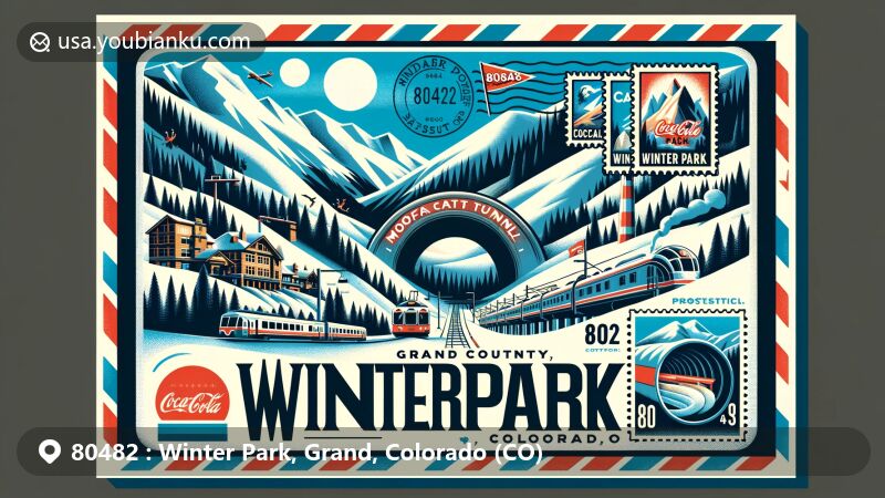 Modern illustration of Winter Park, Grand County, Colorado, showcasing postal theme with ZIP code 80482, featuring Moffat Tunnel, Winter Park ski area, and Coca-Cola Tube Park.
