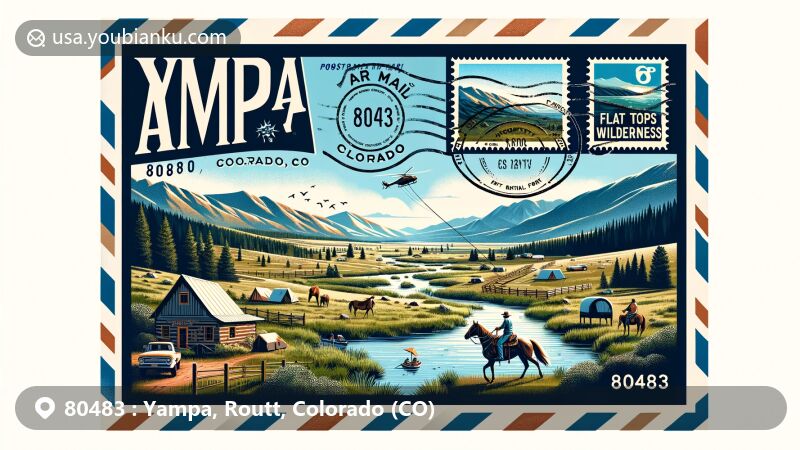 Modern illustration of Yampa, Colorado, showcasing scenic beauty and outdoor recreation in the 'Gateway to the Flattops' ZIP code 80483, featuring the Flat Tops Wilderness and various outdoor activities.