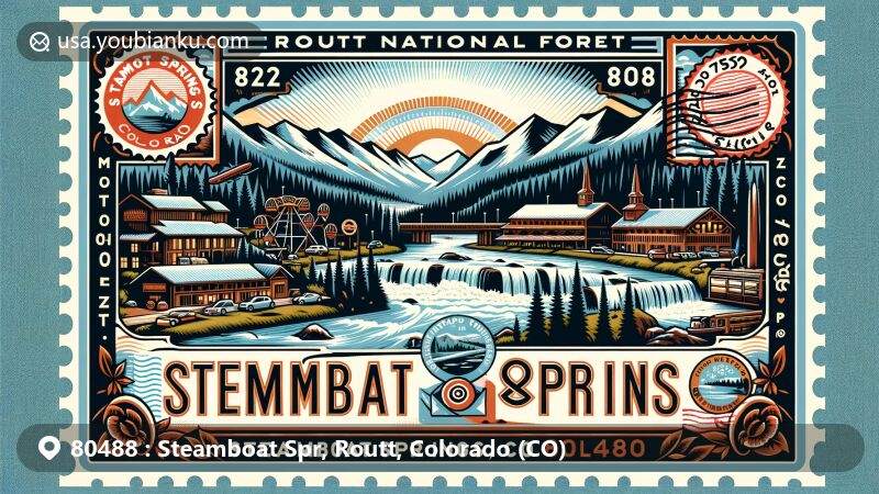 Modern illustration of Steamboat Springs, Routt County, Colorado, showcasing natural beauty and outdoor activities, with Western cowboy culture elements and postal theme with ZIP code 80488.
