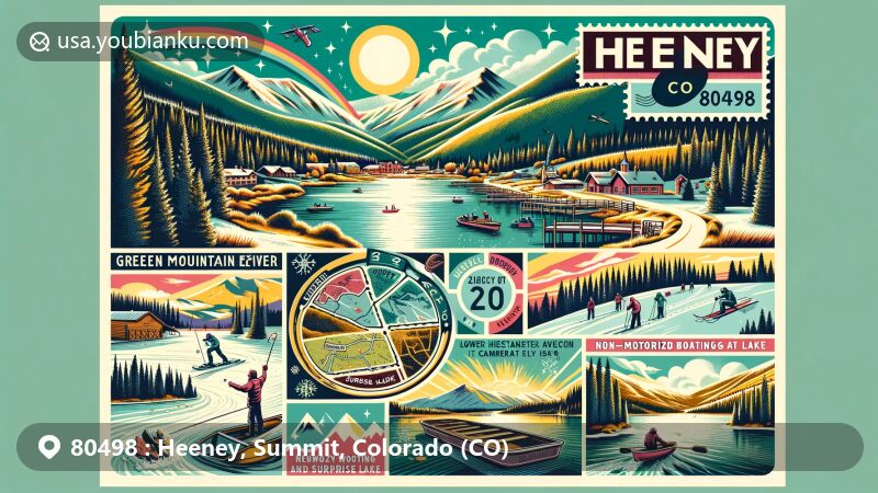 Modern illustration of Heeney, Colorado, showcasing natural beauty of Green Mountain Reservoir with a rainbow, snowshoeing, ice fishing, and hiking at Lower Cataract Lake, and non-motorized boating at Surprise Lake, framed within a postal theme featuring vintage postcard border and 'Heeney, CO 80498' postmark.