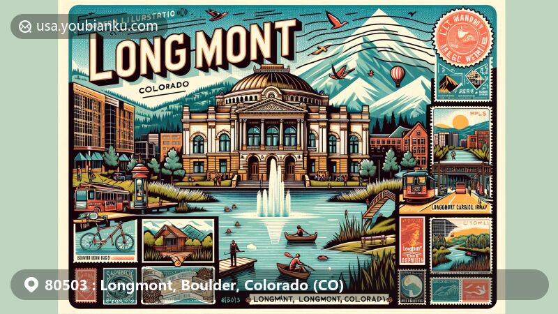 Modern illustration of Longmont, Colorado, featuring historic landmarks like Dickens Opera House and Longmont Carnegie Library, as well as natural beauty of McIntosh Lake and St. Vrain State Park, incorporating elements of local art and brewing culture, and highlighting postal theme with ZIP code 80503.