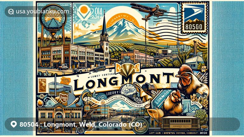 Modern illustration of Longmont, Weld County, Colorado, showcasing postal theme with ZIP code 80504, featuring St. Vrain State Park, Dickens Opera House, and local breweries.