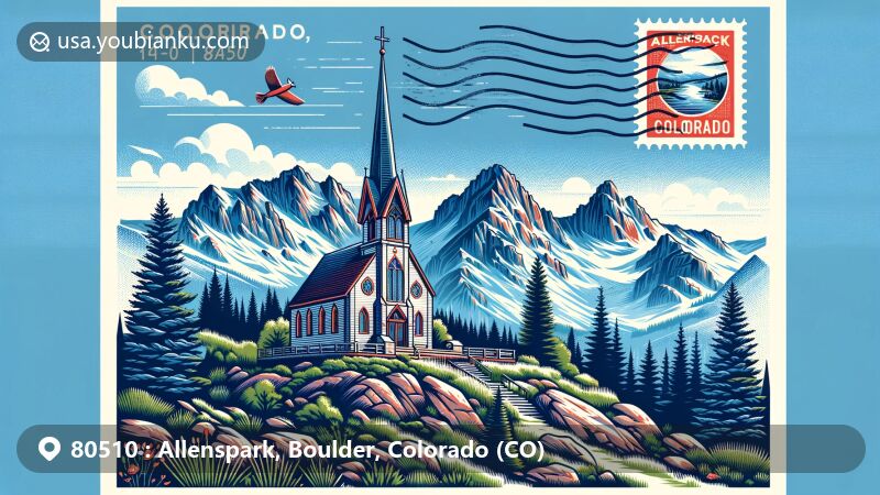 Modern illustration of Allenspark, Boulder, Colorado (CO), featuring Chapel on the Rock, mountain landscapes, and postal elements, with ZIP Code 80510.