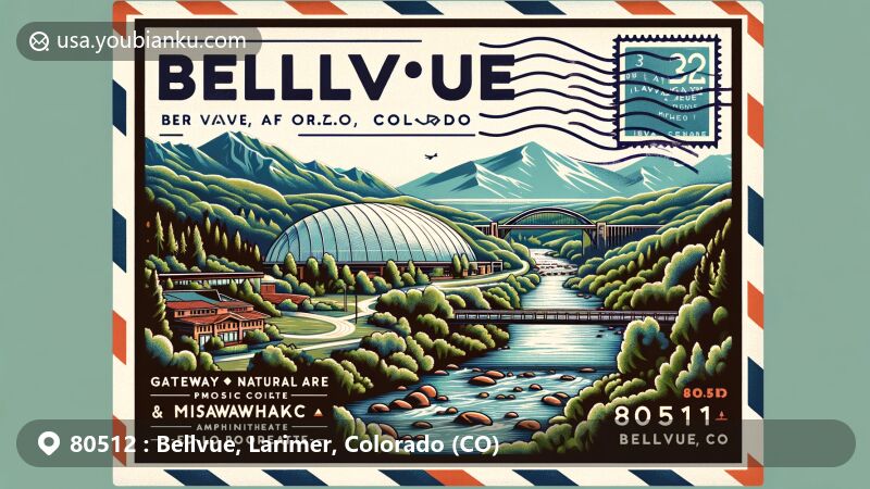 Modern illustration of Bellvue, Larimer, Colorado (CO) showcasing natural beauty and cultural landmarks, including Gateway Natural Area and Mishawaka Amphitheatre, with postal theme featuring ZIP code 80512 and Bellvue Dome.
