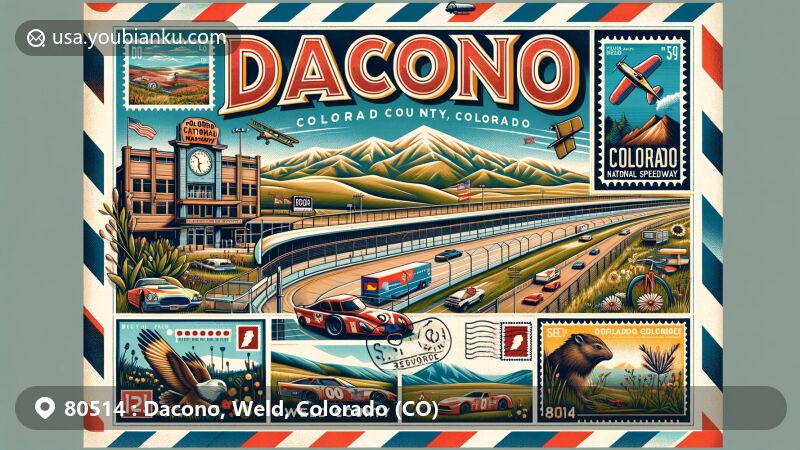 Modern illustration of Dacono, Colorado, featuring Colorado National Speedway and postal motifs, with a vintage air mail envelope and Rocky Mountains panorama.