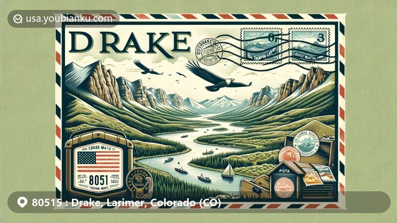 Modern illustration of Drake, Colorado, highlighting Big Thompson Canyon and Rocky Mountain National Park, with American postal elements like air mail envelope and Colorado postal stamp.