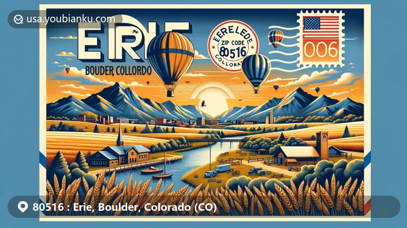 Modern illustration of Erie, Boulder County, Colorado, featuring a sunset over Rocky Mountains, wheat fields, Erie Community Park, and hot air balloons from local festivals, depicting outdoor activities and community spirit.
