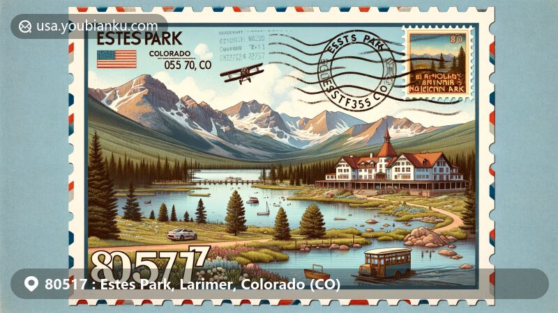 Modern illustration of Estes Park, Colorado, featuring The Stanley Hotel, The Baldpate Inn, and Estes Park Aerial Tramway with a vintage postcard flair. Postal theme includes Rocky Mountain National Park stamp and 80517 ZIP code.