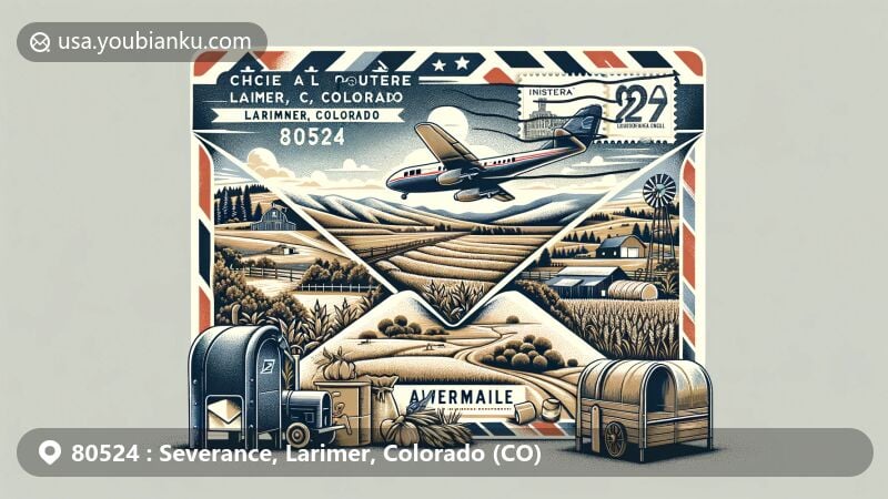 Modern illustration of Severance, Larimer, Colorado, showcasing ZIP code 80524 with agricultural and historical elements, highlighting the Cache la Poudre River and Lindenmeier archaeological site.
