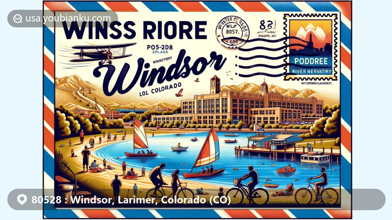 Modern illustration of Windsor, Colorado, highlighting postal theme with ZIP code 80528, featuring Windsor Lake, Poudre River Trail, and historical sugar beet industry, incorporating symbols of community recreation, agriculture, and green industries.