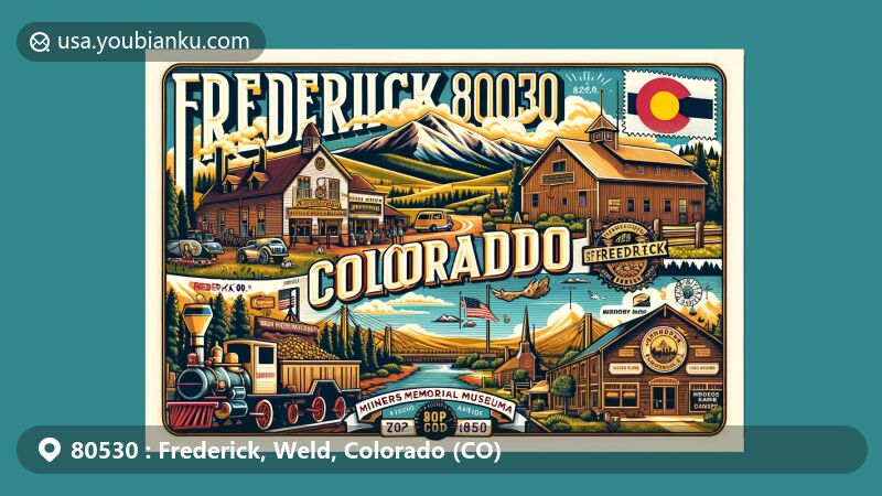 Modern postcard-style illustration of Frederick, Colorado, highlighting key attractions like Miners Memorial Museum, Mirror Image Brewing Company, and Frederick Recreation Area, against the backdrop of Rocky Mountains.