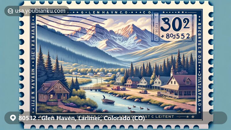 Modern illustration of Glen Haven, Colorado, blending natural beauty with postal theme, featuring Rocky Mountain National Park scenery and ZIP code 80532.