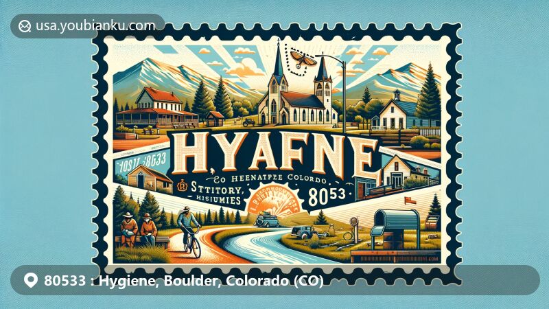 Modern illustration of Hygiene, Colorado, representing ZIP code area 80533 with historic St. Vrain Church of the Brethren and postal elements, recalling town's sanitarium history for tuberculosis patients and mountain views.