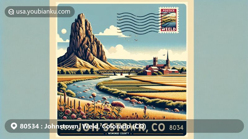 Modern illustration of Johnstown, Weld County, Colorado, featuring confluence of Big Thompson River and Little Thompson River, Devil’s Backbone Open Space, Weld County symbols like crop fields and Pawnee National Grassland, vintage postcard theme with postal elements.