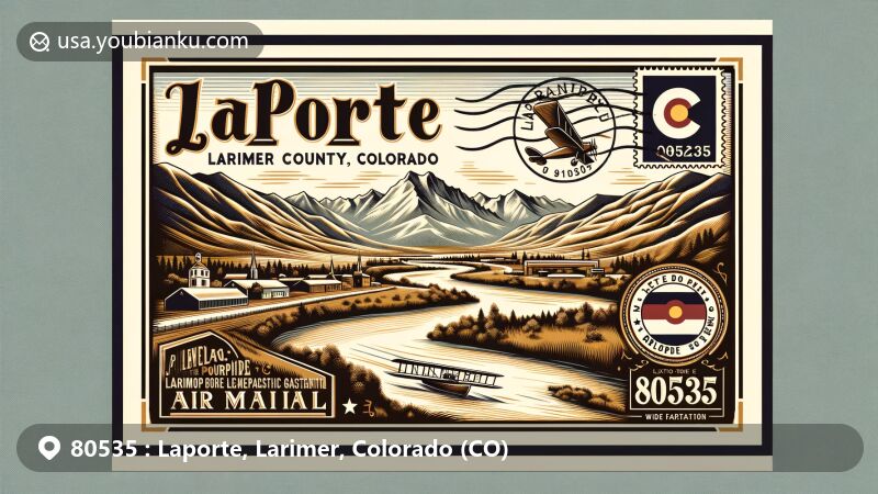 Modern illustration of Laporte, Larimer County, Colorado, featuring vintage air mail envelope with Larimer County map and Cache La Poudre River, alongside Rocky Mountains and Colorado state flag stamp.