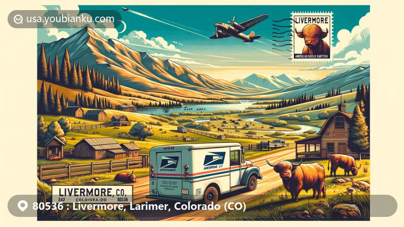 Modern illustration of Livermore, Larimer County, Colorado, blending scenic beauty and postal theme with iconic activities like hiking, camping, and fishing. Features Highland Ranch with grazing cattle and vintage postcard layout displaying 'Livermore, CO' and '80536' ZIP Code.