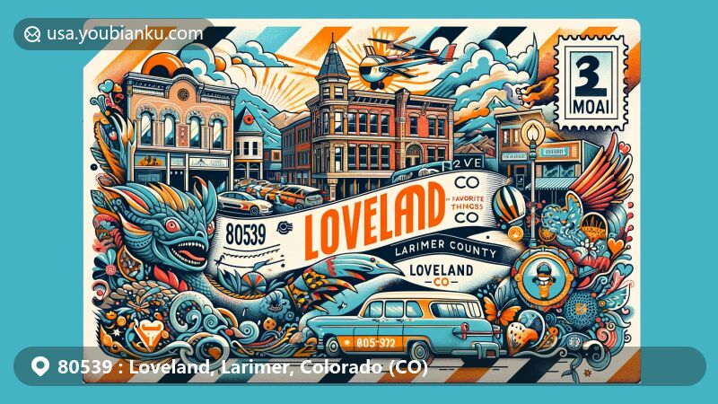 Modern illustration of Loveland, Larimer County, Colorado, capturing ZIP code 80539, showcasing the Downtown Loveland Historic District, vibrant city murals, and a postal theme with Devils Backbone landmark, 'My Favorite Things' mural, and McWhinney-Hahn Sculpture Garden.