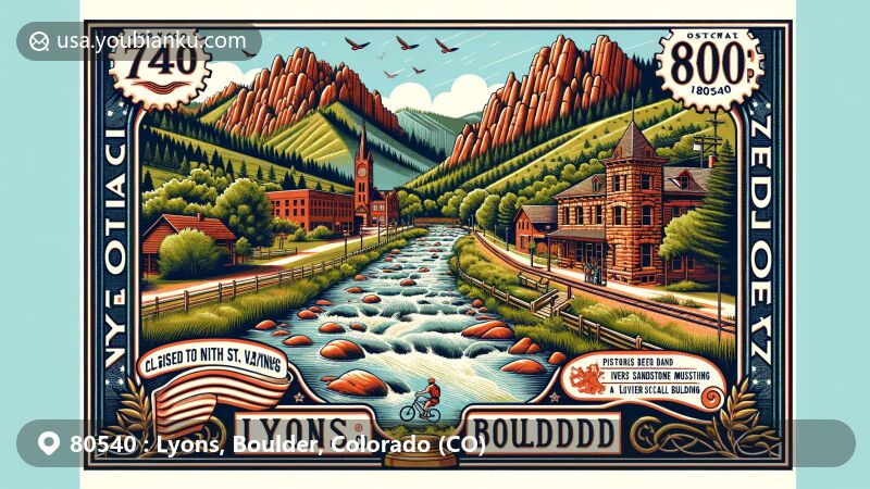 Modern illustration of Lyons, Boulder, Colorado, showcasing the confluence of North and South St. Vrain Creeks at the Rocky Mountains' foothills, Lyons Redstone Museum, sandstone quarrying history, and outdoor recreational activities.