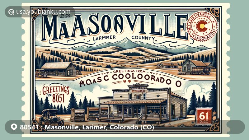 Vintage-style illustration of Masonville, Larimer County, Colorado, featuring Masonville Mercantile and scenic Colorado landscape, capturing the community's history and natural beauty.