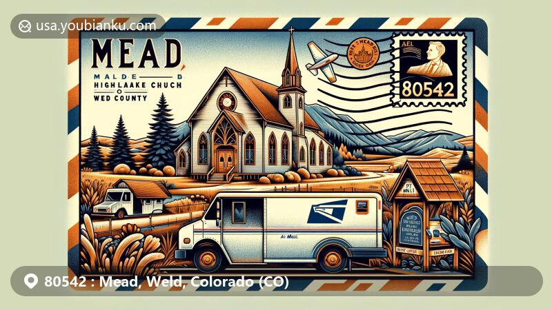 Modern illustration of Mead, Weld County, Colorado, representing ZIP code 80542 with focus on Highlandlake Church and St. Vrain State Park, blending regional and postal elements including vintage stamp, postal truck, and Colorado state flag.