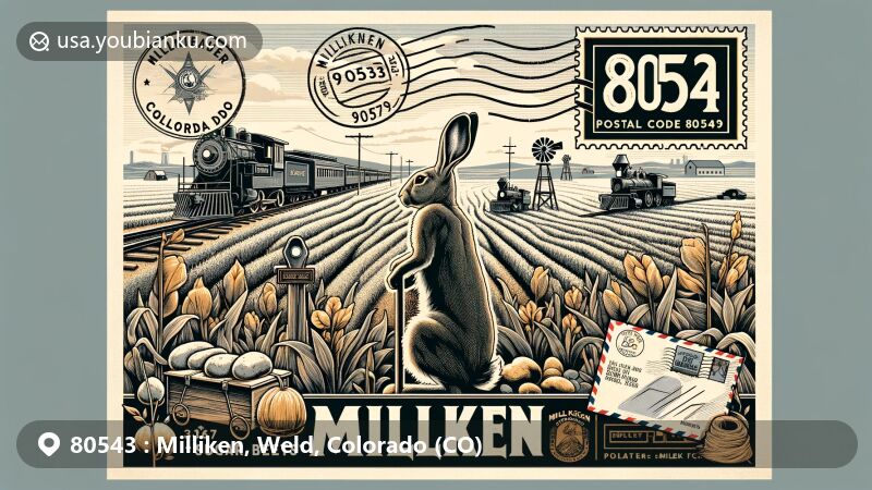 Modern illustration of Milliken, Colorado, showcasing historical and cultural heritage with postal elements and agricultural roots, including 'Jackrabbit Trail,' sugar beets, and potatoes.