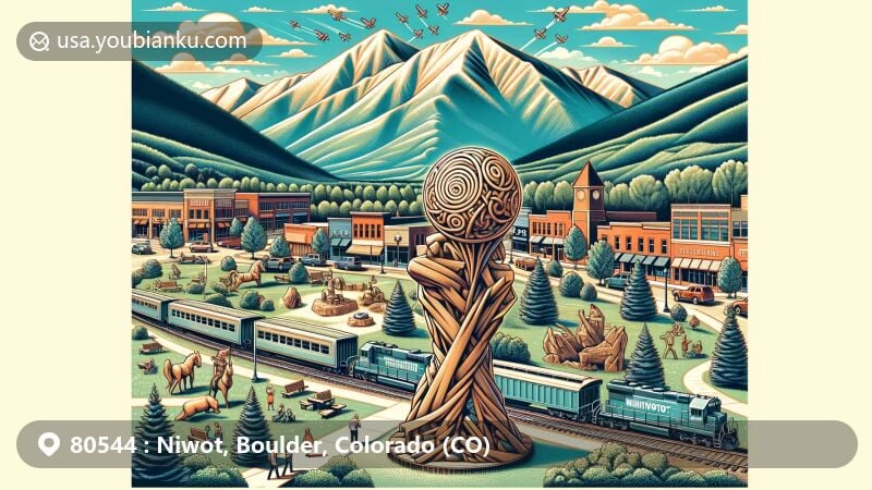 Modern illustration of Niwot, Boulder County, Colorado, with Niwot Sculpture Park, Whistlestop Park, Eddie Running Wolf's tree carvings, downtown area, Rockies view, and postal elements.