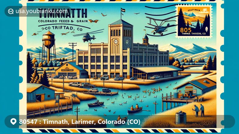 Modern illustration of Timnath, Colorado, showcasing the Colorado Feed & Grain building, Timnath Beerwerks, Cache La Poudre River, Timnath Reservoir, and vintage postcard elements with postal cancellation mark '80547 Timnath, CO'.