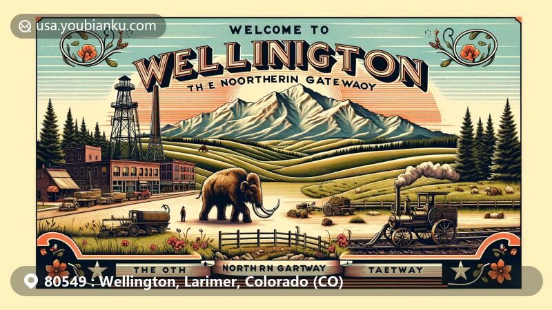 Modern illustration of Wellington, Colorado, residence of ZIP code 80549, embodying a creative and contemporary depiction showcasing the town's unique features. The artwork combines retro postcard design with cultural elements representing the town's agricultural, coal, and oil heritage, including vintage oil wells, coal cars, and farmland. The scene includes a stylized mammoth commemorating local fossil finds, set against a backdrop transitioning from vibrant sunset to clear night sky with subtle integration of the Colorado flag. The composition features a decorative banner at the bottom reading 'Welcome to Wellington, Colorado - Northern Gateway' in elegant retro font. A classic red mailbox symbolizing community spirit and postal connection is placed in the foreground, with visible mail. The entire scene is framed by vintage airmail envelope elements, including edge stripes, a vintage stamp displaying Wellington coordinates, and a stamp with '80549 Wellington, CO' postal marking. This artistic style is ideal for web display, creatively capturing Wellington's charm and historical significance, highlighted by the emphasis on the ZIP code '80549' postal theme.