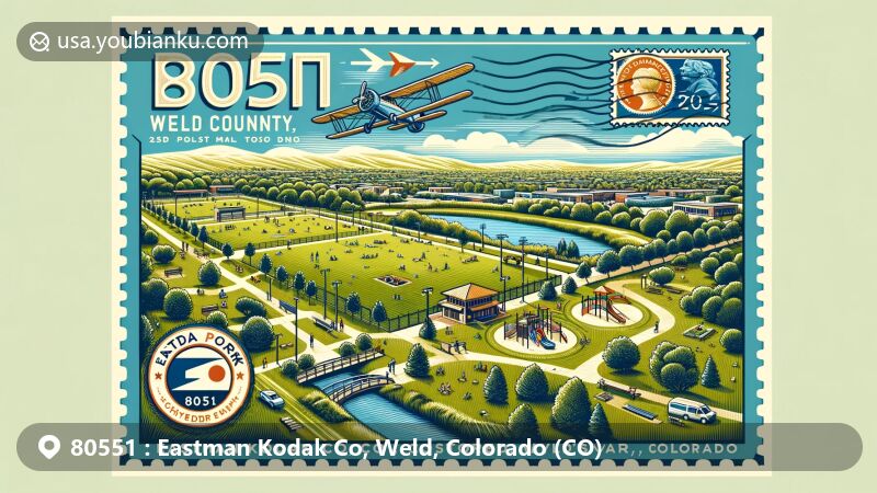 Modern illustration of Eastman Park in Windsor, Weld County, Colorado, featuring a vintage air mail envelope, Kodak camera stamp, and ZIP code 80551, capturing the essence of the area's postal and regional charm.