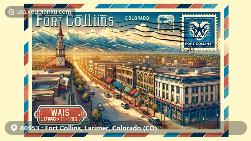 Modern illustration of Fort Collins, Larimer County, Colorado, showcasing Downtown Old Town architecture, Rocky Mountains backdrop, and postal theme with ZIP code 80553, featuring Colorado State University emblem.