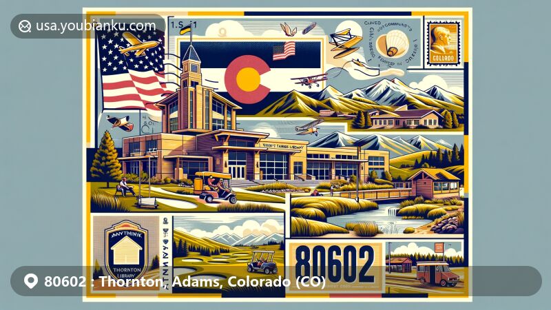 Modern illustration of Thornton, Adams County, Colorado, featuring the flag of Thornton, Anythink Wright Farms Library, outdoor scenes with Rocky Mountains, iconic postal symbols, ZIP Code 80602, and subtle silhouette of Denver skyline.