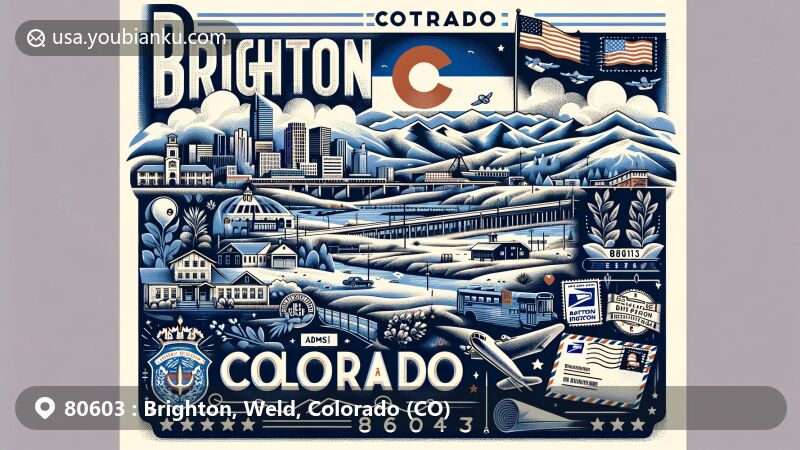 Modern illustration of Brighton, Colorado, highlighting postal theme with ZIP code 80603, featuring Adams and Weld counties, symbols of Colorado, and elements reflecting the suburb's history and climate.