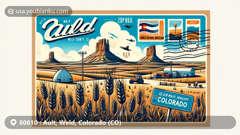 Modern illustration of Ault, Weld County, Colorado, showcasing ZIP code 80610 featuring Pawnee Buttes against the backdrop of short-grass prairie and wheat symbols honoring Alexander Ault. Includes postage stamp with Colorado state flag, Ault's incorporation date, and envelope flap with town's charm and history.