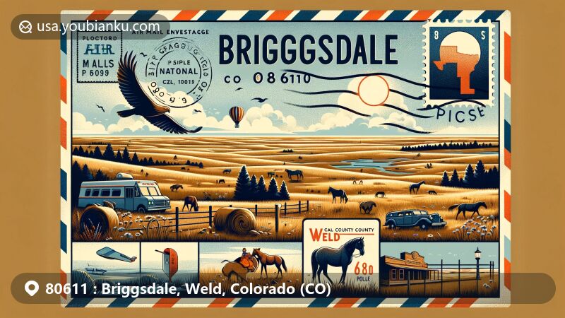 Modern illustration of Briggsdale, Colorado, showcasing postal theme with ZIP code 80611, featuring Pawnee National Grassland, hiking, horseback riding, iconic wildlife, and Colorado's plains scenery.