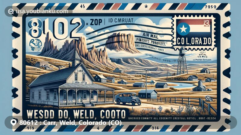 Modern illustration of Carr area, Weld County, Colorado, showcasing unincorporated community status, rural and ghost town vibes, Rocky Mountains backdrop, Colorado state flag, historical post office facade, Carr Natural Fort, and air mail envelope with local landmarks and ZIP Code 80612.