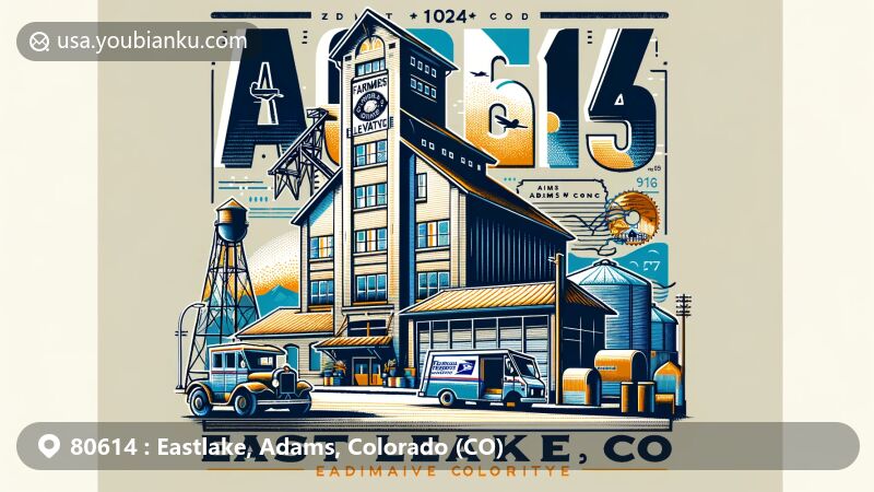 Modern illustration of Eastlake, Adams County, Colorado, featuring postal theme with ZIP code 80614, highlighting Eastlake Farmers Co-Operative Elevator Company and Adams County silhouette.
