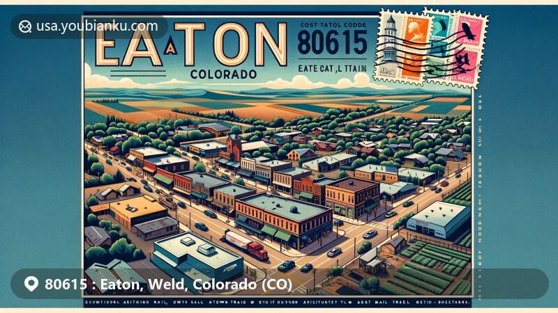 Modern illustration of Eaton, Colorado, highlighting postal theme for ZIP code 80615, featuring downtown area, agricultural landscape, Great Western Trail, vintage postcard design with postmark and postal elements, and vibrant colors.